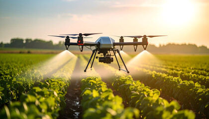 Drone Spraying Crops at Sunset Over Lush Green Field