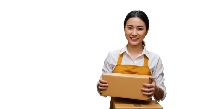Smiling Asian woman holding cardboard boxes isolated PNG with Transparent Background