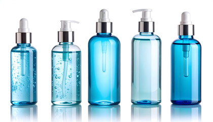 Five Blue Cosmetic Bottles on White Background