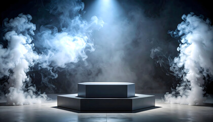 Hexagonal Podium with Blue Lighting and Smoke