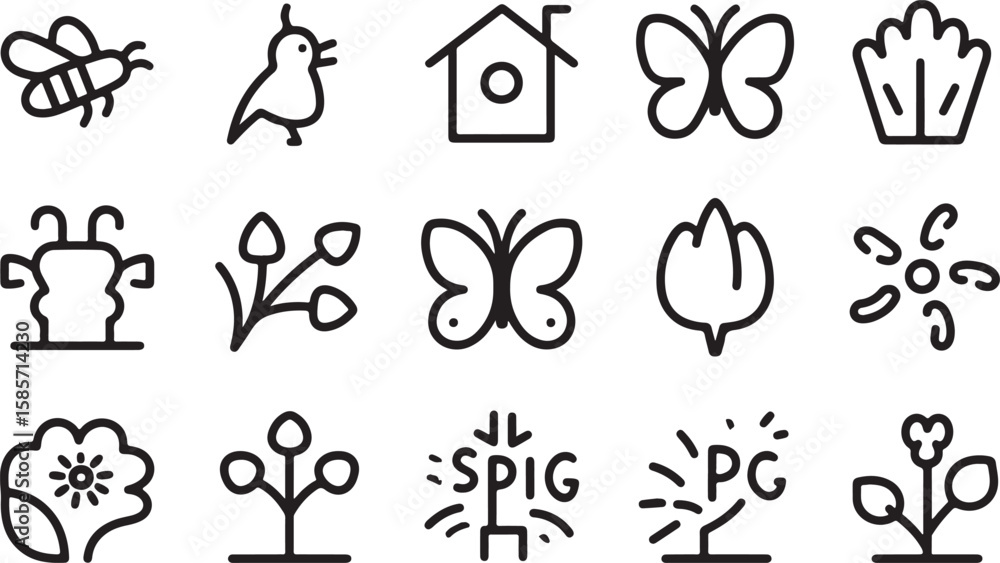 Poster collection of simple line art icons representing nature and spring elements like bees butterflies an