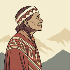 Vector portrait of indigenous elder in cultural attire, mountain backdrop