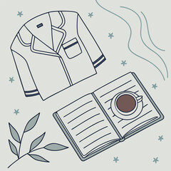 Flat lay: pajamas, coffee, open book on bed, cozy morning minimalism