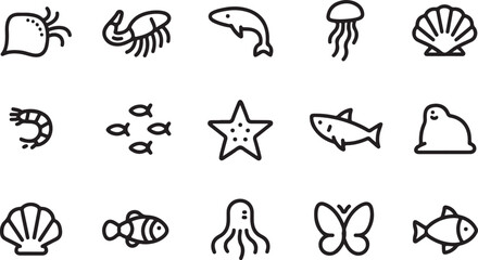 Fototapeta premium Collection of simple outline icons representing various marine animals and sea creatures isolated on transparent background