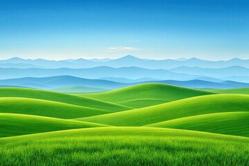 Rolling green hills under a vast blue sky with layered mountains