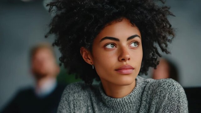 A thoughtful young woman looking upward in an office environment, wearing professional attire. She is part of a diverse group of colleagues.