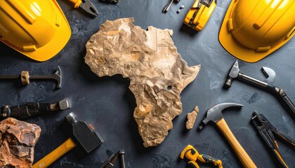 African continent map surrounded by construction tools