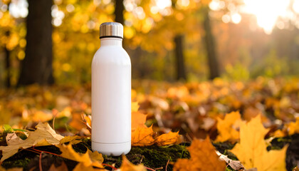 White Water Bottle on Autumn Leaves in a Park