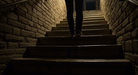 Mysterious Descent: A Person Walking Down Dark Brick Steps at Night