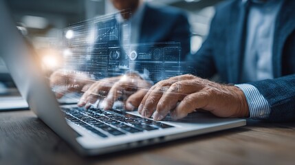 Close-up of professional men in suits typing on laptop with overlaid futuristic digital interface suggesting innovation and business analysis