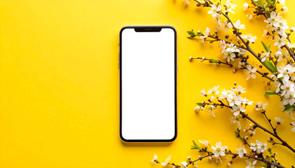 Smartphone Mockup with Spring Blossoms on Yellow Background