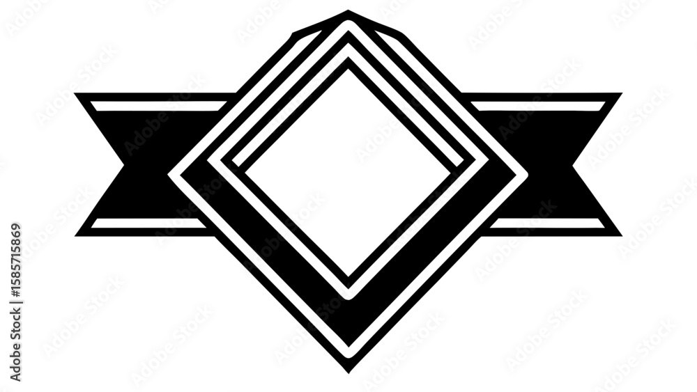 Poster geometric design featuring nested diamonds and ribbon banners in black and white color scheme art
