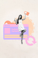 Collage of person with web interface and sync icon representing freelance work online profile...