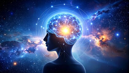 Profile of a person's head, brain, and neural network in space