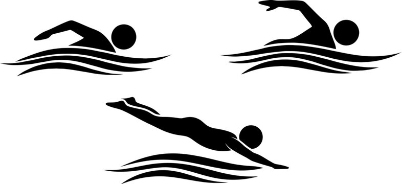 Three stylized swimmers in different poses and colors on a light blue background