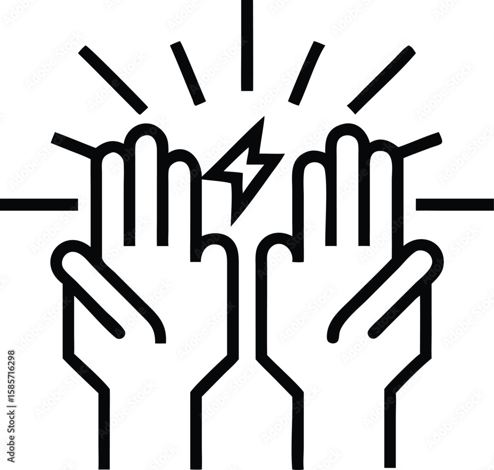 Poster line art of two hands with a lightning bolt in between them