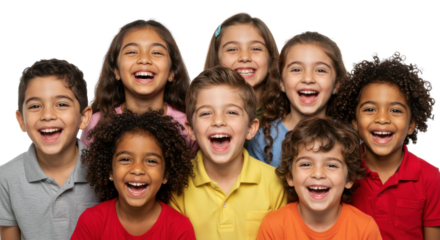 Group of happy children laughing together isolated PNG with Transparent Background
