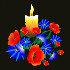 Burning candle and flowers on a black background.  Vector illustration