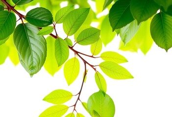 Fototapeta premium Vibrant green branch with lush leaves, isolated on white, wood, photography