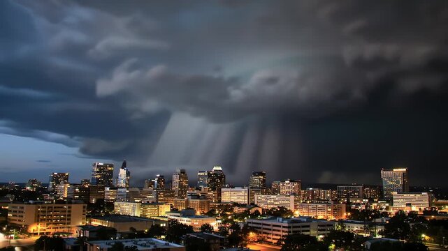 Dramatic nighttime timelapse of a powerful supercell thunderstorm moving over an illuminated city skyline