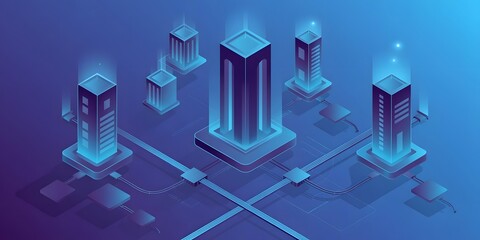 Isometric Tech Landscape with Digital Towers, Network Cables, and Glowing Blue Background Illustrating a Futuristic High-Tech Cyber City