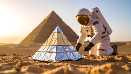 Astronaut Examining Pyramid Model in Desert at Sunrise
