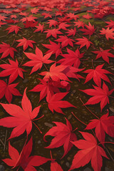 A beautifully composed scene of vibrant red maple leaves scattered across a mossy, stone-covered ground. The leaves, with their distinct star-like shape, are in various orientations, creating a natura