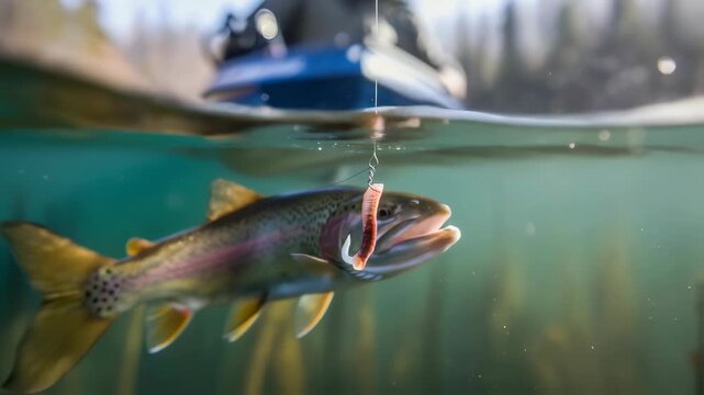 Fish approaching and attempting to bite a worm on a fishing hook under water, a man fishing from a boat.
