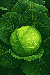 Obraz premium This is a digital illustration of a fresh green cabbage growing in a garden. The cabbage is shown in close-up, with its vibrant outer leaves gently wrapping around the dense, rounded head. The detaile