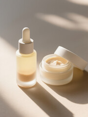 Minimalist skincare setup with a frosted dropper bottle and cream jar, bathed in soft natural light for a serene aesthetic.