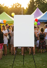 Blank poster mockup at an outdoor festival booth with tents and crowd in sunny weather
