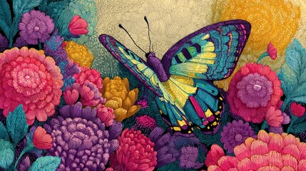 Vivid painting of a blue and yellow butterfly among textured, colorful flowers and foliage