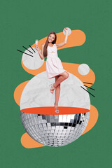 Creative poster collage of person stand hold wine glass half disco ball on green background
