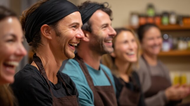 Group of smiling individuals in aprons enjoying cooking class, showcasing joy and camaraderie in warm, inviting kitchen environment. Laughter fills air as they engage in culinary activities