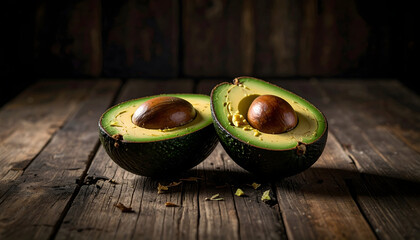Ripe Halved Avocados on Rustic Wooden Table