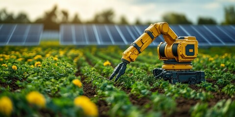 a smart robotic arm planting seeds in precise rows in a large field, solar panels visible in the background, right side empty for text