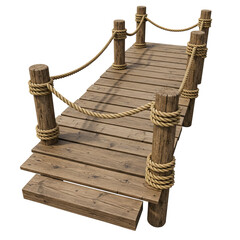 Fototapeta premium Wooden dock walkway with thick rope railing isolated on transparent background