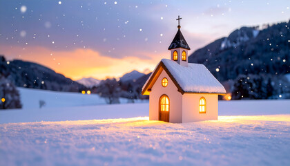 Snow Covered Church at Sunset in Winter Mountain Landscape