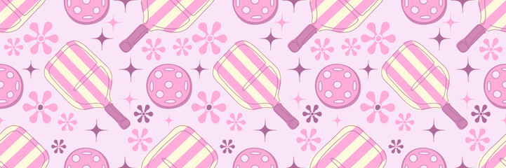 Stylized vector illustration of pink and cream pickleball equipment: paddle, bag, sneakers, caps, and floral elements. Great for themed prints, packaging, apparel, or digital media