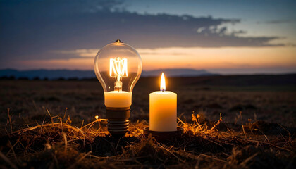 Glowing Lightbulb and Candle at Sunset in a Field