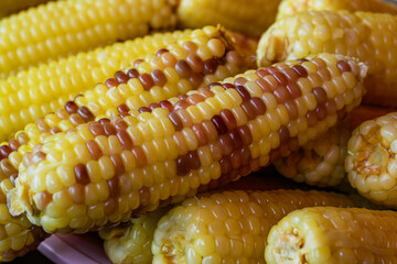 껍질 깐 노란색과 보라색의 옥수수