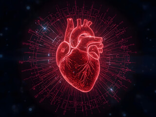 Red human heart system holographic illustration future medical digital technology