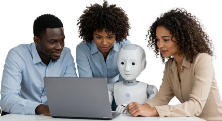 Colleagues working together on laptop with a humanoid robot isolated PNG with Transparent Background