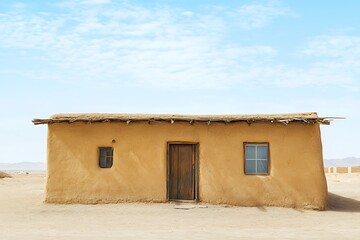 An adobe home with flat roofs and rustic timber beams, simple desert setting 