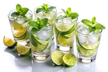 Six refreshing mojitos with mint and lime isolated on white background