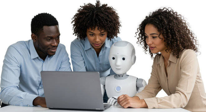 Colleagues working together on laptop with a humanoid robot isolated PNG with Transparent Background