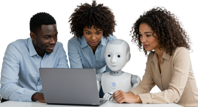 Colleagues working together on laptop with a humanoid robot isolated PNG with Transparent Background