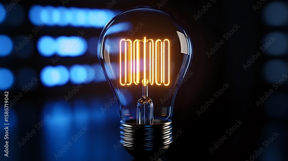 Poster glowing light bulb with illuminated action text inside on dark background with bokeh effect. creativ