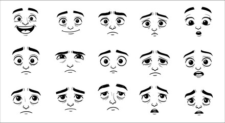 Detailed Black and White Cartoon Face Expressions Collection: Fifteen Hand-Drawn Facial Gestures Depicting a Range of Emotions like Happiness, Sadness, Fear, Surprise, and Worry.