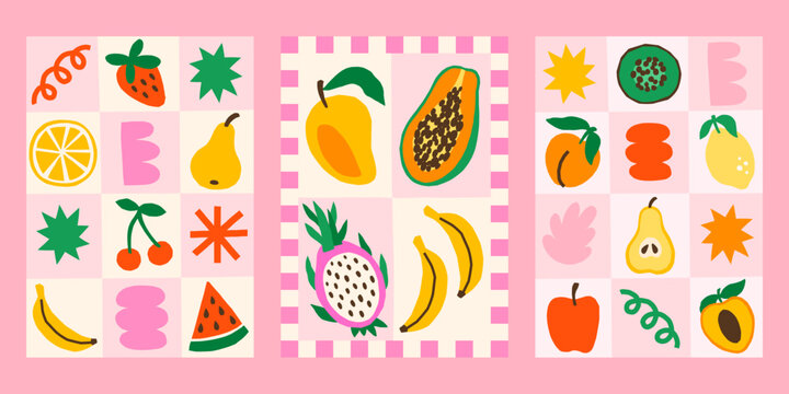 Naklejki Summer tropical vector posters set. Bright print designs with exotic fruits and abstract shapes in blocks illustrations